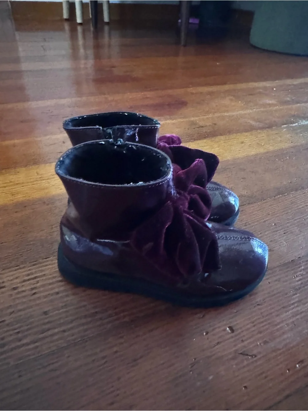 Zara Kids Burgundy Patent Ankle Boots with Velvet Bows